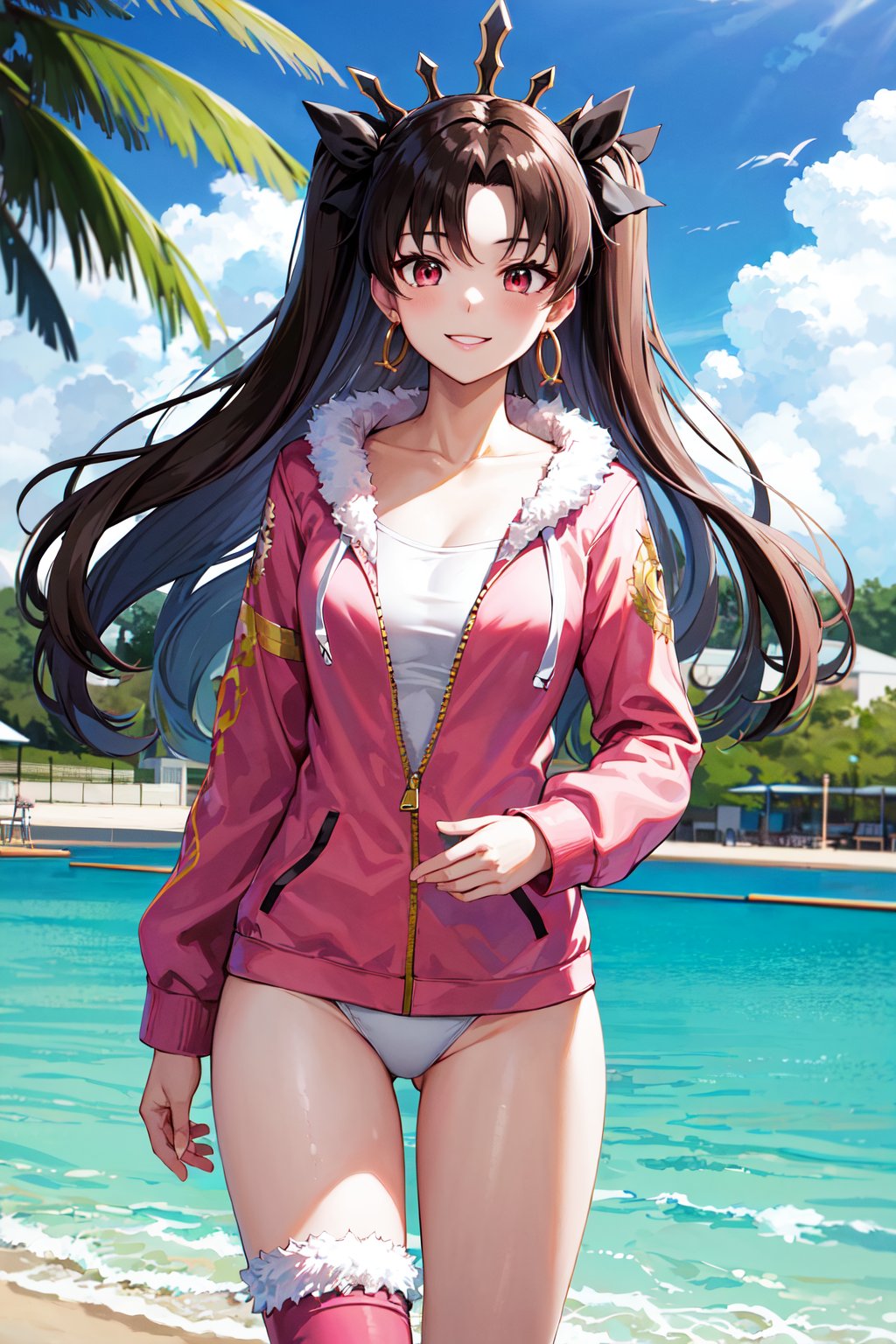 masterpiece, best quality, highres, aaishtar, long hair, two side up, hair ribbon, tiara, parted bangs, hoop earrings, collarbone, white swimsuit, white one-piece swimsuit, fur trim, pink jacket, long sleeves, single thighhigh, pink thighhighs, <lora:ishtar_(fate)_v1:0.7>, standing, cowboy shot, smile, outdoors