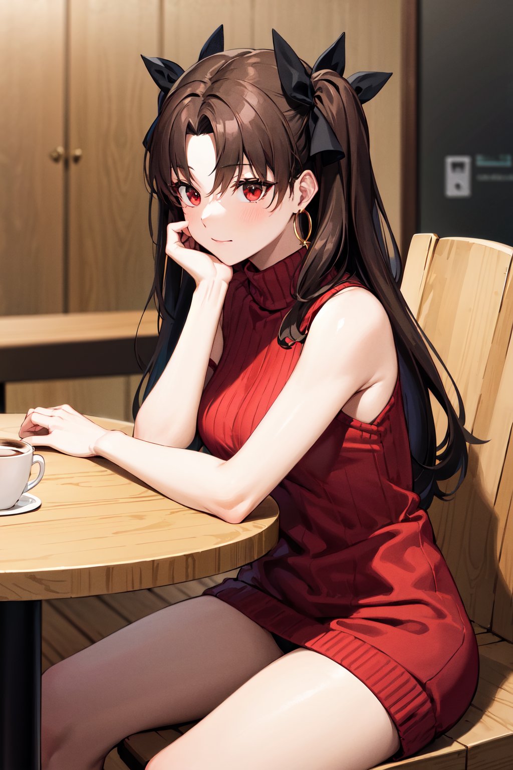 masterpiece, best quality, highres, aaishtar, long hair, two side up, hair ribbon, parted bangs, hoop earrings, <lora:ishtar_(fate)_v1:0.7>, sleeveless, red sweater dress, turtleneck, sitting, coffee, table,