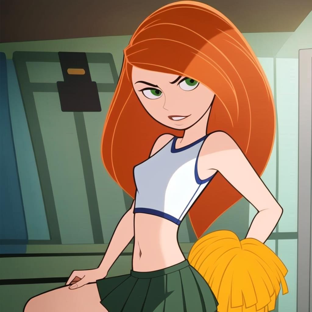 <lora:KPV1:0.7>,1girl, bare arms, bare shoulders, breasts, cheerleader, green eyes, highres, indoors, kim possible, kimberly ann possible, knee up, locker, locker room, long hair, midriff, miniskirt, navel, oira wa arumajiro, orange hair, pleated skirt, pom pom (cheerleading), sitting, skirt, small breasts, solo