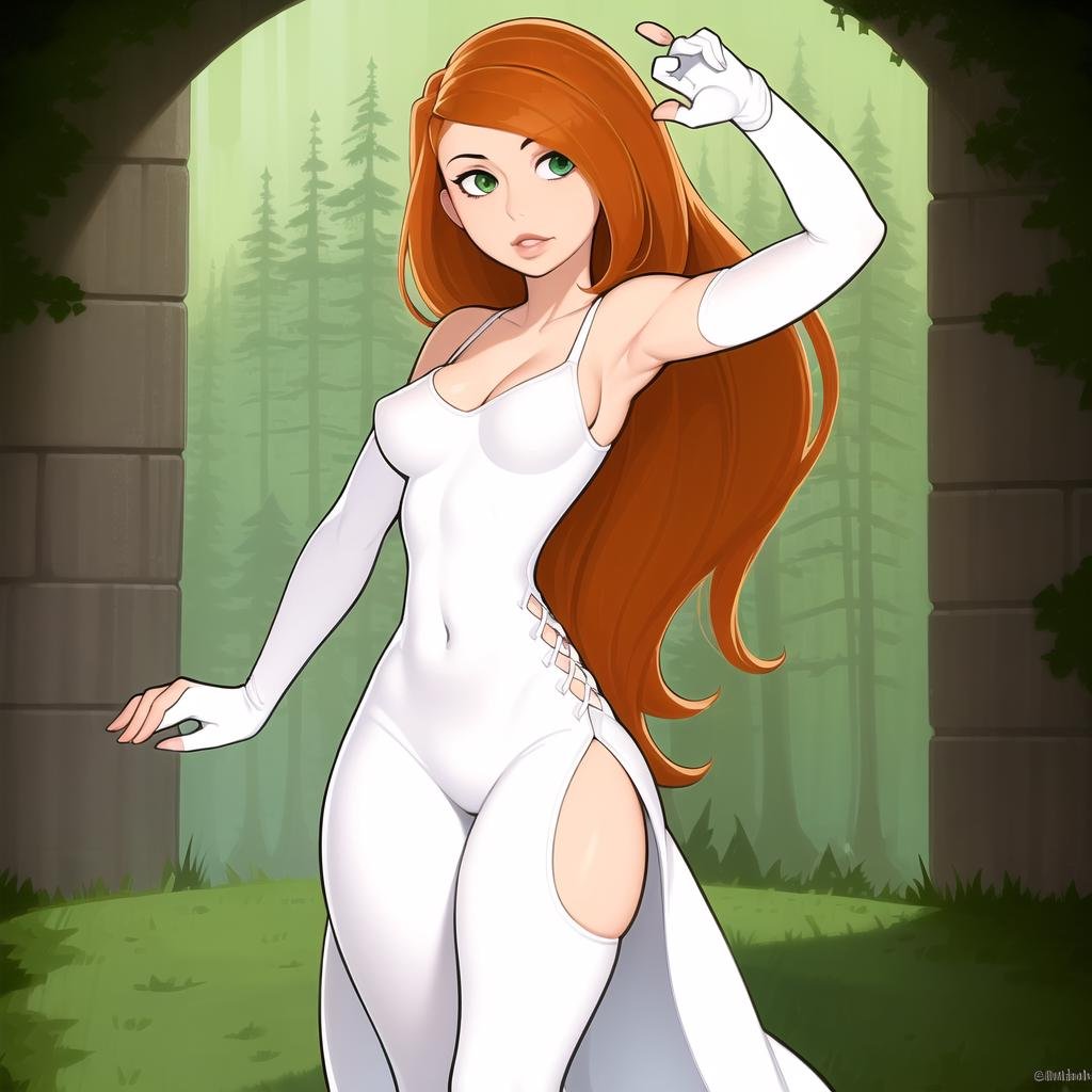 <lora:KPV1:0.6>,(((long white dress))),kimberly ann possible, 1girl, abs, bandaid, brown hair, breasts, fingerless gloves, gloves, green eyes, green legwear, large breasts, lips, long hair, midriff, navel, pants, pose, solo, thighs, toned