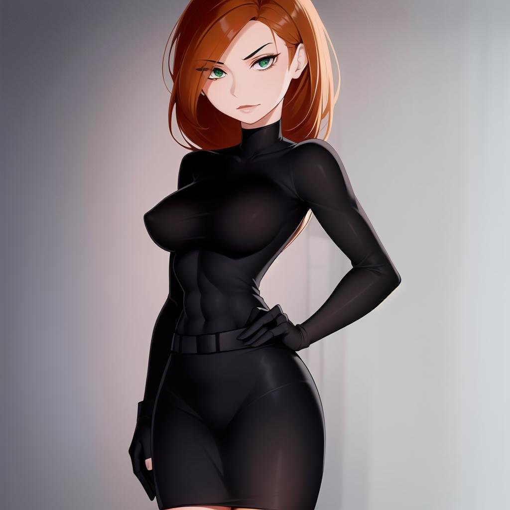 <lora:KPV1:0.6>,(((simple black suit, simple black pencil skirt))),kimberly ann possible, 1girl, abs, bandaid, brown hair, breasts, fingerless gloves, gloves, green eyes,large breasts, lips, long hair, pose, solo, thighs, toned