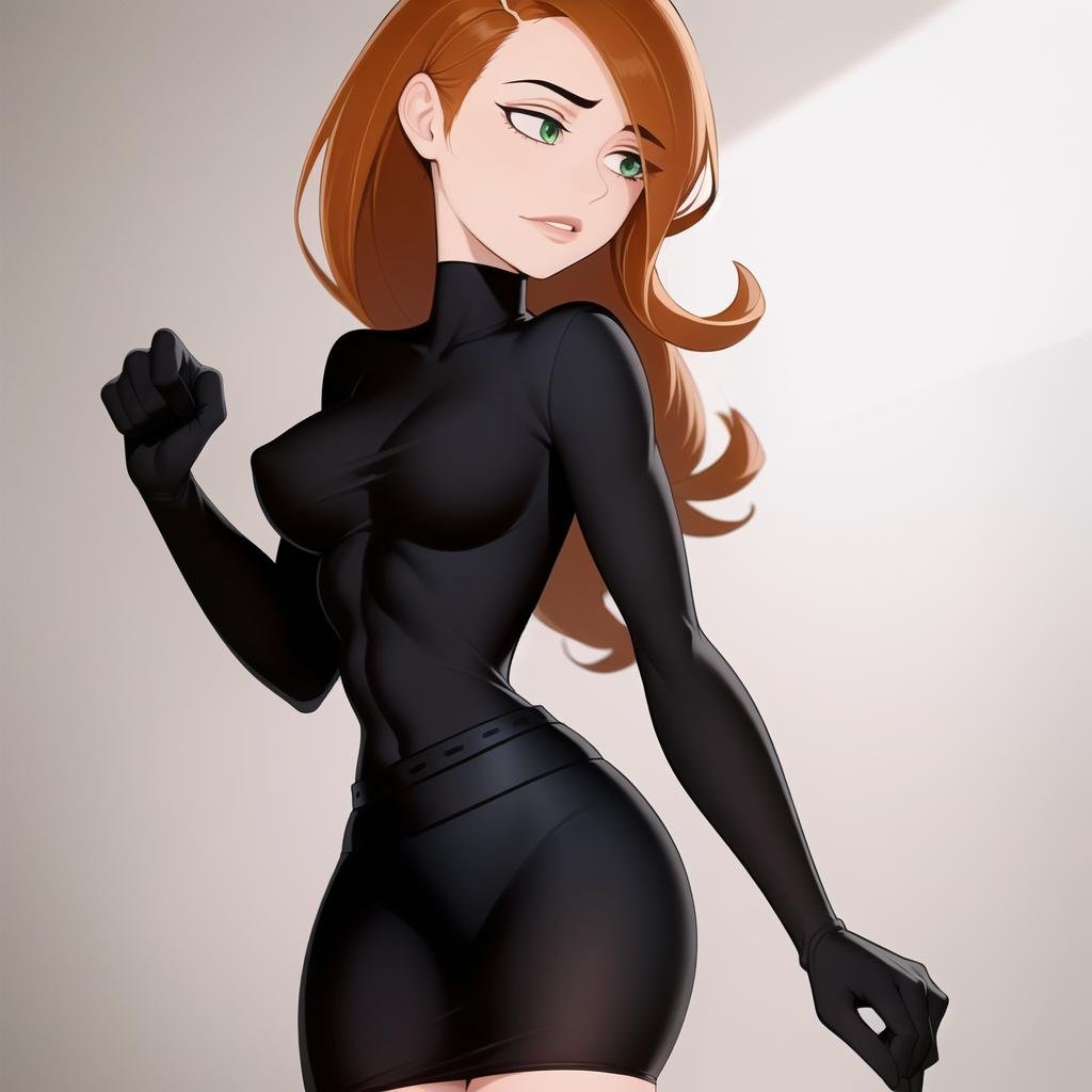 <lora:KPV1:0.6>,(((simple black suit, simple black pencil skirt))),kimberly ann possible, 1girl, abs, bandaid, brown hair, breasts, fingerless gloves, gloves, green eyes,large breasts, lips, long hair, pose, solo, thighs, toned