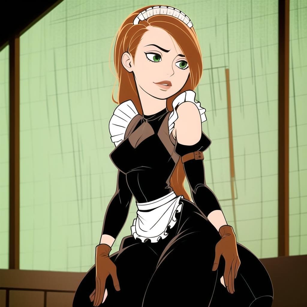 <lora:KPV1:0.6>,(((maid dress))),kimberly ann possible, 1girl, abs, bandaid, brown hair, breasts, fingerless gloves, gloves, green eyes, green legwear, large breasts, lips, long hair, midriff, navel, pants, pose, solo, thighs, toned
