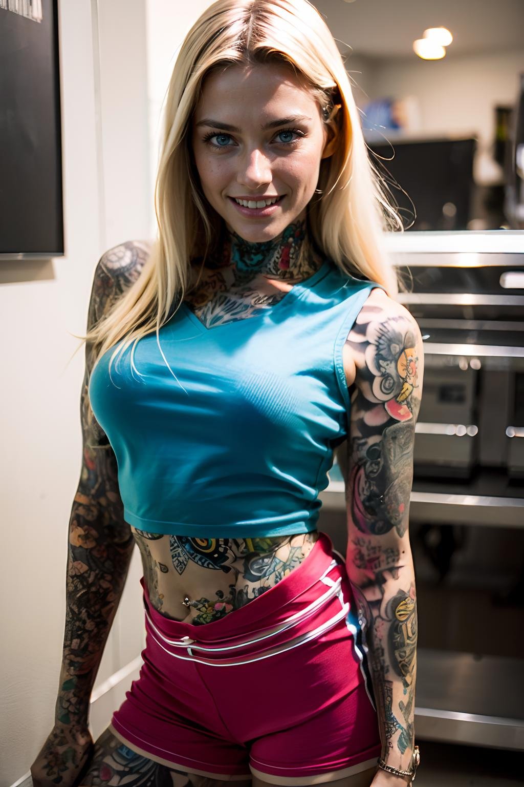 <lora:tattooedgirlv1:0.9> masterpiece, best quality, (photorealistic:1.4), a photo of a beautiful woman, tattooedgirl, full body, crop top, shorts, factory, skinny, medium breasts, blonde hair, blue eyes, smile