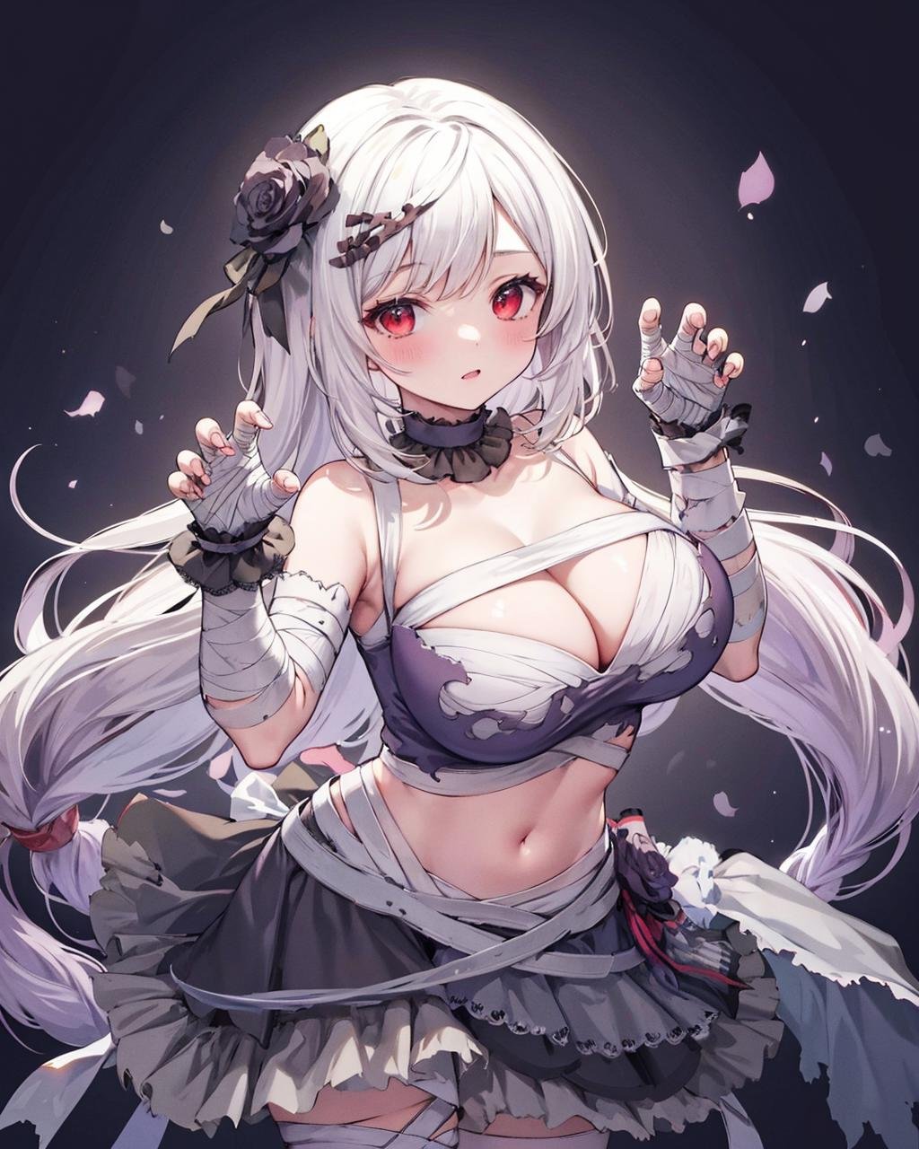 masterpiece, best quality, <lora:SuperCreekMummyCostumeBandagesV1:1>,1girl,solo,huge breasts,  white hair, red eyes, claw pose, very long hair, mummy costume, bandages,frilled choker,  hair ornament,frilled skirt, navel,