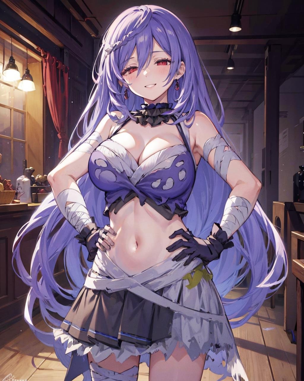 masterpiece, best quality, <lora:SuperCreekMummyCostumeBandagesV1:1>,1girl,solo,huge breasts, red eyes,  very long hair, mummy costume, bandages,frilled choker,frilled skirt, hand on hip, indoors,night,standing,cowboy shot, smile,half-closed eyes,  <lora:IrisHeart:0.72>,irisx,navel,midriff, 