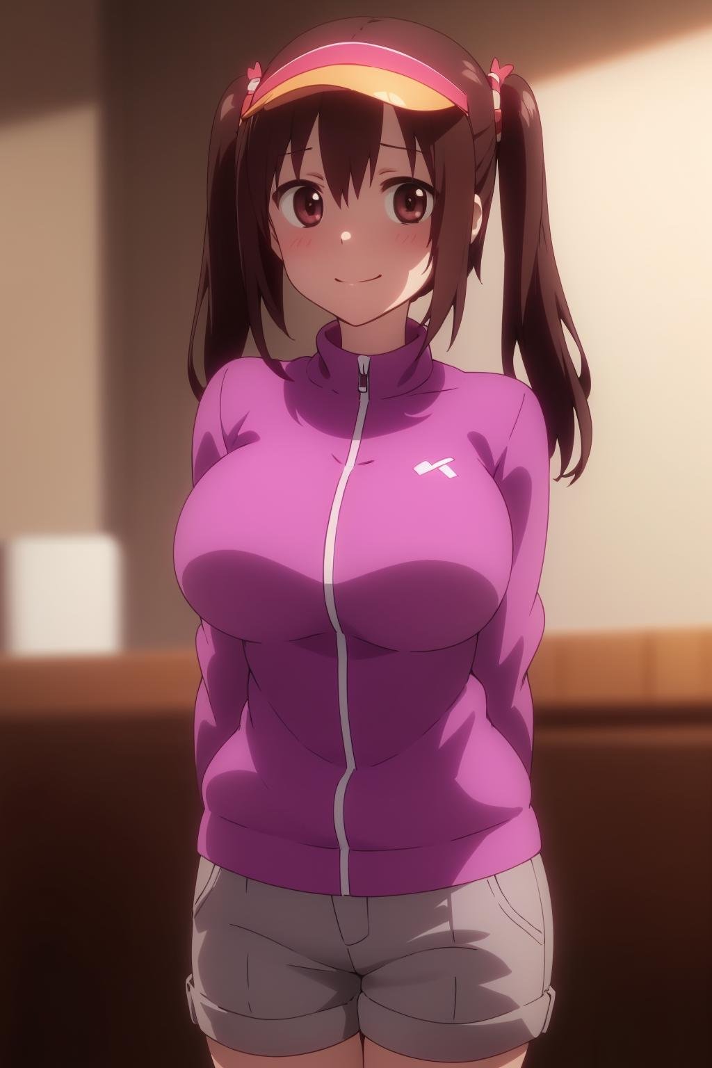smile,large breasts, <lora:Nanan ebina1Ve:0.8>,1girl,twintails,brown hair,brown eyes,long hair,bangs,hair ornament,two side up,<lora:Xian-T手部修复lora（不用controlnet也不坏手了）_v3.0:1>,visor cap,pink collar,pink jacket,large breasts,long sleeves,grey shorts,short shorts,, Exquisite visuals, high-definition,masterpiece,best quality,, 18yo,Young female,Beautiful Fingers,Beautiful long legs,Beautiful body,Beautiful Nose,Beautiful character design, perfect eyes, perfect face,expressive eyes,
official art,extremely detailed CG unity 8k wallpaper, perfect lighting,Colorful, Bright_Front_face_Lighting,shiny skin, 
(masterpiece:1.0),(best_quality:1.0), ultra high res,4K,ultra-detailed,
photography, 8K, HDR, highres, absurdres:1.2, Kodak portra 400, film grain, blurry background, bokeh:1.2, lens flare, (vibrant_color:1.2), (beautiful_face:1.5),(narrow_waist), ,NSFW,