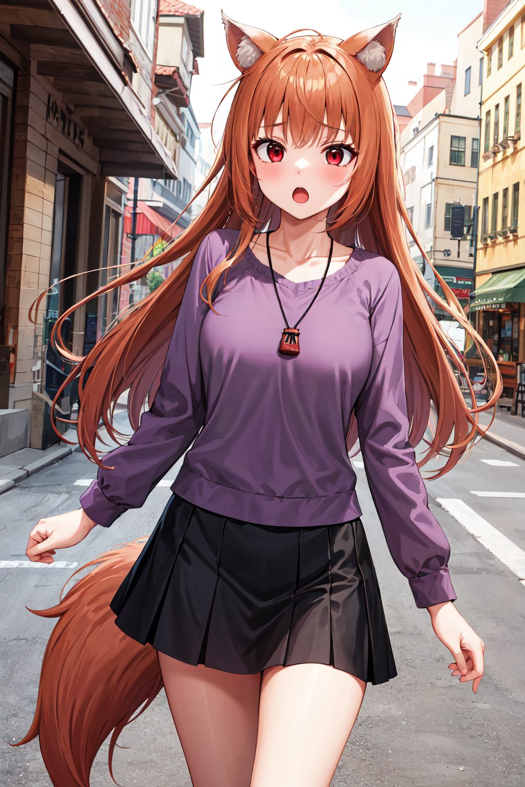 masterpiece, best quality, highres, 1girl, long hair, brown hair, animal ears, red eyes, wolf tail, necklace, purple shirt, skirt, <lora:holo_v1:0.7>, outdoors, street, walking, cowboy shot, :o