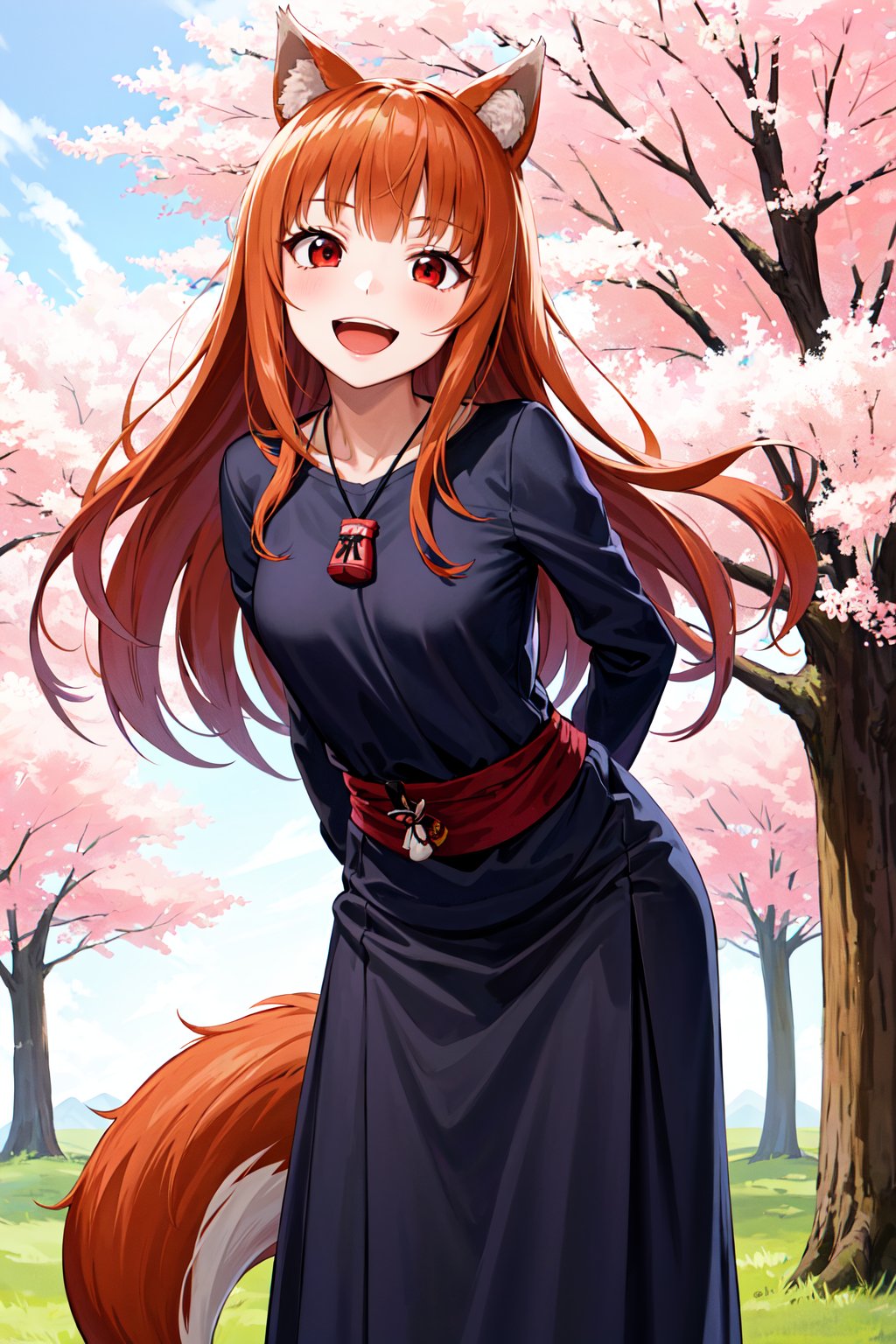 masterpiece, best quality, highres, 1girl, long hair, brown hair, animal ears, red eyes, wolf tail, necklace, dress, sash, pouch, <lora:holo_v1:0.7>, cherry blossoms, arms behind back, smile, open mouth, outdoors, standing, leaning forward, 