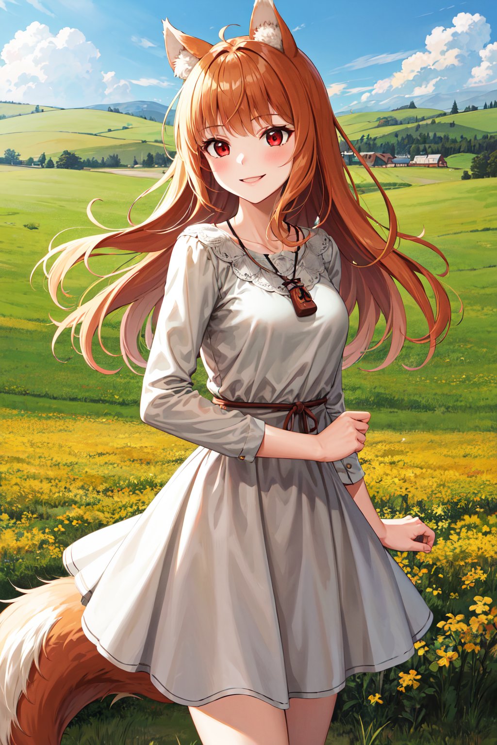 masterpiece, best quality, highres, 1girl, long hair, brown hair, animal ears, red eyes, wolf tail, necklace, dress, <lora:holo_v1:0.7>, standing, cowboy shot, smile, field 