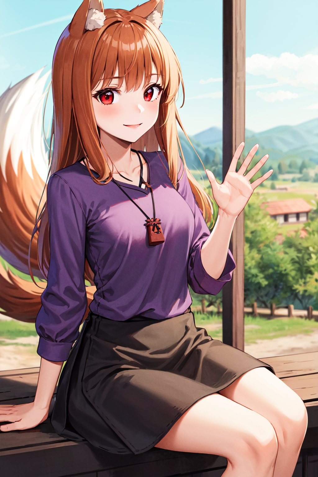 masterpiece, best quality, highres, 1girl, long hair, brown hair, animal ears, red eyes, wolf tail, necklace, purple shirt, skirt, <lora:holo_v1:0.7>, sitting, smile, waving