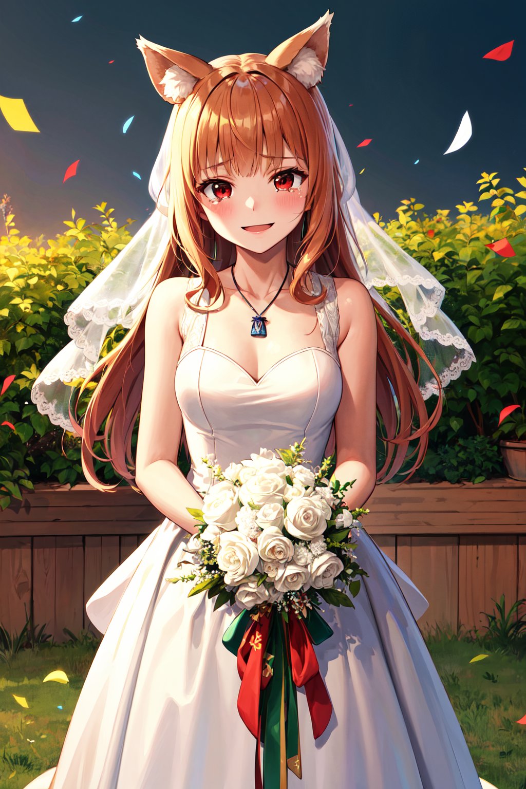 masterpiece, best quality, highres, 1girl, long hair, brown hair, animal ears, red eyes, wolf tail, necklace, wedding dress, white dress,  <lora:holo_v1:0.7>, garden, standing, holding bouquet, smile, tears, confetti, 