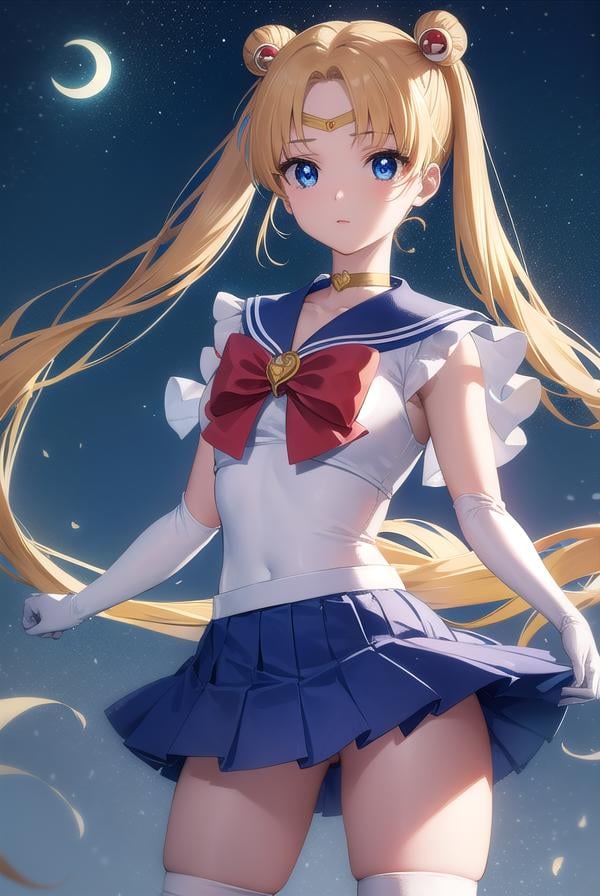 sailormoonusagi, <lora:sailormoonusagi-lora-nochekaiser:1>,sailor moon, blonde hair, blue eyes, double bun, hair bun, hair ornament, long hair, twintails, circlet, (parted bangs:1.5),BREAK back bow, blue sailor collar, blue skirt, boots, bow, brooch, choker, crescent moon, elbow gloves, gloves, jewelry, knee boots, magical girl, pleated skirt, red bow, red choker, ribbon, sailor collar, sailor senshi uniform, skirt, white gloves,BREAK outdoors, night, sky, star \(sky\), moon,BREAK looking at viewer, (cowboy shot:1.5),BREAK <lyco:GoodHands-beta2:1>, (masterpiece:1.2), best quality, high resolution, unity 8k wallpaper, (illustration:0.8), (beautiful detailed eyes:1.6), extremely detailed face, perfect lighting, extremely detailed CG, (perfect hands, perfect anatomy),