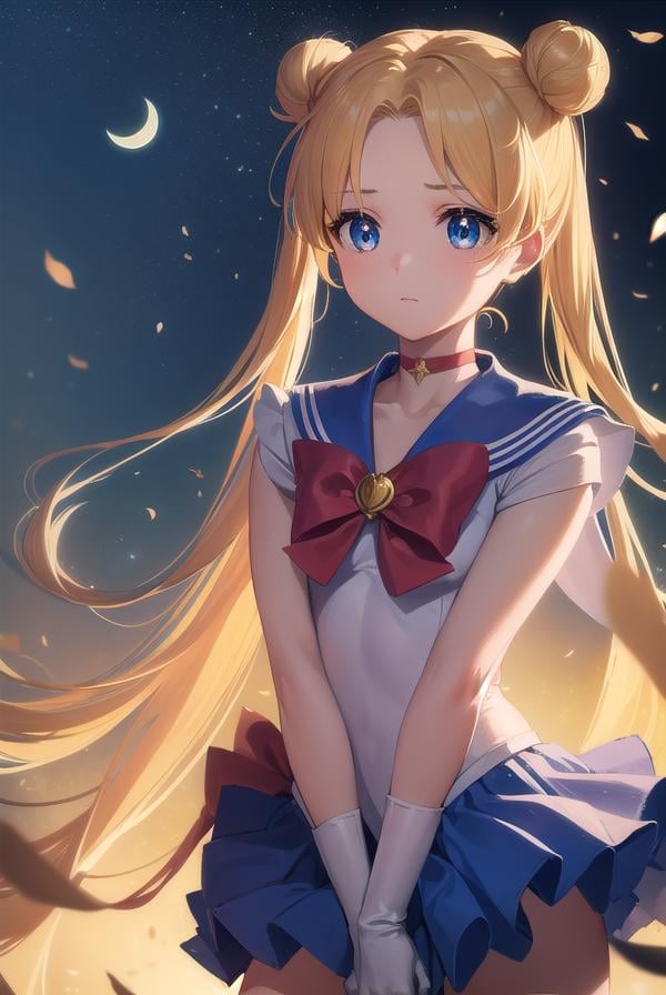 sailormoonusagi, <lora:sailormoonusagi-lora-nochekaiser:1>,sailor moon, blonde hair, blue eyes, double bun, hair bun, hair ornament, long hair, twintails, circlet, (parted bangs:1.5),BREAK back bow, blue sailor collar, blue skirt, boots, bow, brooch, choker, crescent moon, elbow gloves, gloves, jewelry, knee boots, magical girl, pleated skirt, red bow, red choker, ribbon, sailor collar, sailor senshi uniform, skirt, white gloves,BREAK outdoors, night, sky, star \(sky\), moon,BREAK looking at viewer, (cowboy shot:1.5),BREAK <lyco:GoodHands-beta2:1>, (masterpiece:1.2), best quality, high resolution, unity 8k wallpaper, (illustration:0.8), (beautiful detailed eyes:1.6), extremely detailed face, perfect lighting, extremely detailed CG, (perfect hands, perfect anatomy),