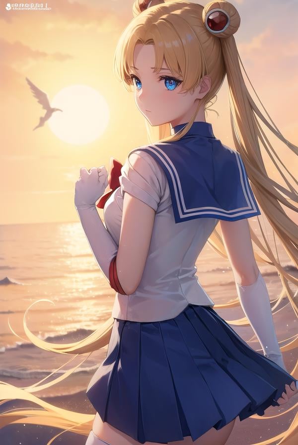 sailormoonusagi, <lora:sailormoonusagi-lora-nochekaiser:1>,sailor moon, blonde hair, blue eyes, double bun, hair bun, hair ornament, long hair, twintails, circlet, (parted bangs:1.5),BREAK back bow, blue sailor collar, blue skirt, boots, bow, brooch, choker, crescent moon, elbow gloves, gloves, jewelry, knee boots, magical girl, pleated skirt, red bow, red choker, ribbon, sailor collar, sailor senshi uniform, skirt, white gloves,BREAK outdoors, night, sky, star \(sky\), moon,BREAK looking at viewer, (cowboy shot:1.5),BREAK <lyco:GoodHands-beta2:1>, (masterpiece:1.2), best quality, high resolution, unity 8k wallpaper, (illustration:0.8), (beautiful detailed eyes:1.6), extremely detailed face, perfect lighting, extremely detailed CG, (perfect hands, perfect anatomy),