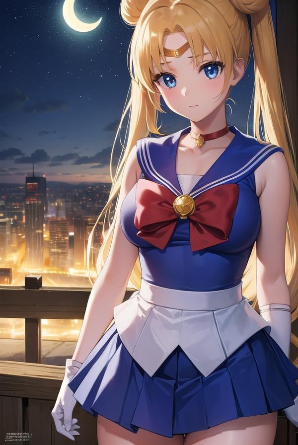 sailormoonusagi, <lora:sailormoonusagi-lora-nochekaiser:1>,sailor moon, blonde hair, blue eyes, double bun, hair bun, hair ornament, long hair, twintails, circlet, (parted bangs:1.5),BREAK back bow, blue sailor collar, blue skirt, boots, bow, brooch, choker, crescent moon, elbow gloves, gloves, jewelry, knee boots, magical girl, pleated skirt, red bow, red choker, ribbon, sailor collar, sailor senshi uniform, skirt, white gloves,BREAK outdoors, night, sky, star \(sky\), moon,BREAK looking at viewer, (cowboy shot:1.5),BREAK <lyco:GoodHands-beta2:1>, (masterpiece:1.2), best quality, high resolution, unity 8k wallpaper, (illustration:0.8), (beautiful detailed eyes:1.6), extremely detailed face, perfect lighting, extremely detailed CG, (perfect hands, perfect anatomy),