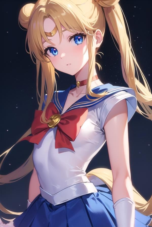 sailormoonusagi, <lora:sailormoonusagi-lora-nochekaiser:1>,sailor moon, blonde hair, blue eyes, double bun, hair bun, hair ornament, long hair, twintails, circlet, (parted bangs:1.5),BREAK back bow, blue sailor collar, blue skirt, boots, bow, brooch, choker, crescent moon, elbow gloves, gloves, jewelry, knee boots, magical girl, pleated skirt, red bow, red choker, ribbon, sailor collar, sailor senshi uniform, skirt, white gloves,BREAK outdoors, night, sky, star \(sky\), moon,BREAK looking at viewer, (cowboy shot:1.5),BREAK <lyco:GoodHands-beta2:1>, (masterpiece:1.2), best quality, high resolution, unity 8k wallpaper, (illustration:0.8), (beautiful detailed eyes:1.6), extremely detailed face, perfect lighting, extremely detailed CG, (perfect hands, perfect anatomy),