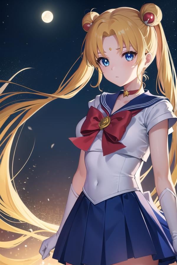 sailormoonusagi, <lora:sailormoonusagi-lora-nochekaiser:1>,sailor moon, blonde hair, blue eyes, double bun, hair bun, hair ornament, long hair, twintails, circlet, (parted bangs:1.5),BREAK back bow, blue sailor collar, blue skirt, boots, bow, brooch, choker, crescent moon, elbow gloves, gloves, jewelry, knee boots, magical girl, pleated skirt, red bow, red choker, ribbon, sailor collar, sailor senshi uniform, skirt, white gloves,BREAK outdoors, night, sky, star \(sky\), moon,BREAK looking at viewer, (cowboy shot:1.5),BREAK <lyco:GoodHands-beta2:1>, (masterpiece:1.2), best quality, high resolution, unity 8k wallpaper, (illustration:0.8), (beautiful detailed eyes:1.6), extremely detailed face, perfect lighting, extremely detailed CG, (perfect hands, perfect anatomy),