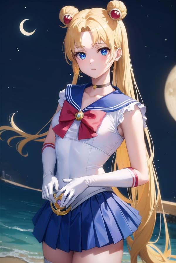 sailormoonusagi, <lora:sailormoonusagi-lora-nochekaiser:1>,sailor moon, blonde hair, blue eyes, double bun, hair bun, hair ornament, long hair, twintails, circlet, (parted bangs:1.5),BREAK back bow, blue sailor collar, blue skirt, boots, bow, brooch, choker, crescent moon, elbow gloves, gloves, jewelry, knee boots, magical girl, pleated skirt, red bow, red choker, ribbon, sailor collar, sailor senshi uniform, skirt, white gloves,BREAK outdoors, night, sky, star \(sky\), moon,BREAK looking at viewer, (cowboy shot:1.5),BREAK <lyco:GoodHands-beta2:1>, (masterpiece:1.2), best quality, high resolution, unity 8k wallpaper, (illustration:0.8), (beautiful detailed eyes:1.6), extremely detailed face, perfect lighting, extremely detailed CG, (perfect hands, perfect anatomy),