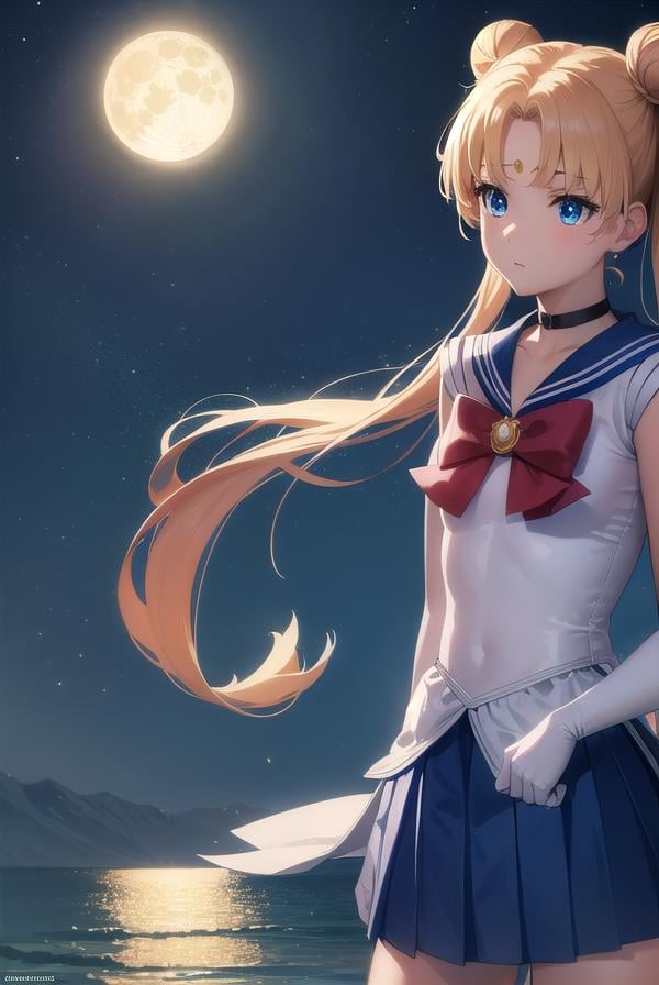 sailormoonusagi, <lora:sailormoonusagi-lora-nochekaiser:1>,sailor moon, blonde hair, blue eyes, double bun, hair bun, hair ornament, long hair, twintails, circlet, (parted bangs:1.5),BREAK back bow, blue sailor collar, blue skirt, boots, bow, brooch, choker, crescent moon, elbow gloves, gloves, jewelry, knee boots, magical girl, pleated skirt, red bow, red choker, ribbon, sailor collar, sailor senshi uniform, skirt, white gloves,BREAK outdoors, night, sky, star \(sky\), moon,BREAK looking at viewer, (cowboy shot:1.5),BREAK <lyco:GoodHands-beta2:1>, (masterpiece:1.2), best quality, high resolution, unity 8k wallpaper, (illustration:0.8), (beautiful detailed eyes:1.6), extremely detailed face, perfect lighting, extremely detailed CG, (perfect hands, perfect anatomy),