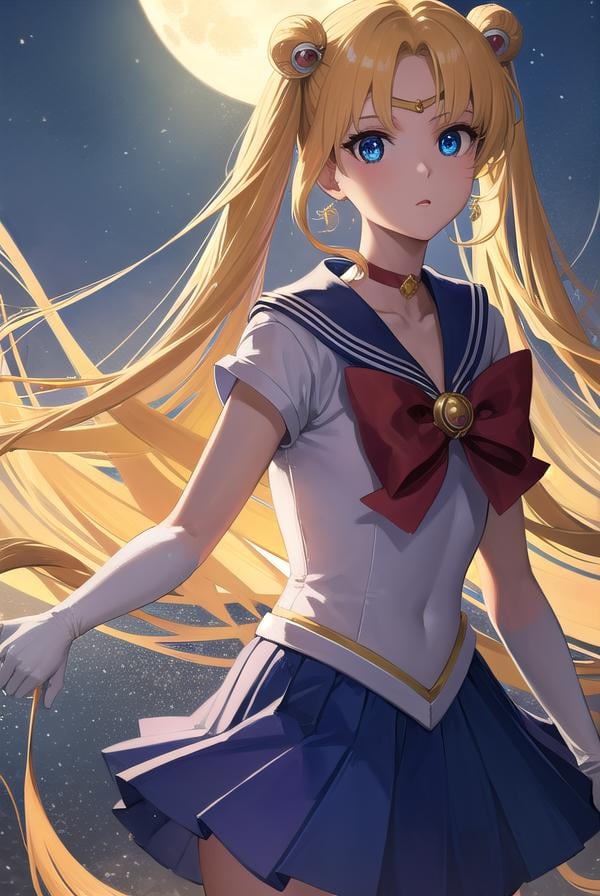 sailormoonusagi, <lora:sailormoonusagi-lora-nochekaiser:1>,sailor moon, blonde hair, blue eyes, double bun, hair bun, hair ornament, long hair, twintails, circlet, (parted bangs:1.5),BREAK back bow, blue sailor collar, blue skirt, boots, bow, brooch, choker, crescent moon, elbow gloves, gloves, jewelry, knee boots, magical girl, pleated skirt, red bow, red choker, ribbon, sailor collar, sailor senshi uniform, skirt, white gloves,BREAK outdoors, night, sky, star \(sky\), moon,BREAK looking at viewer, (cowboy shot:1.5),BREAK <lyco:GoodHands-beta2:1>, (masterpiece:1.2), best quality, high resolution, unity 8k wallpaper, (illustration:0.8), (beautiful detailed eyes:1.6), extremely detailed face, perfect lighting, extremely detailed CG, (perfect hands, perfect anatomy),