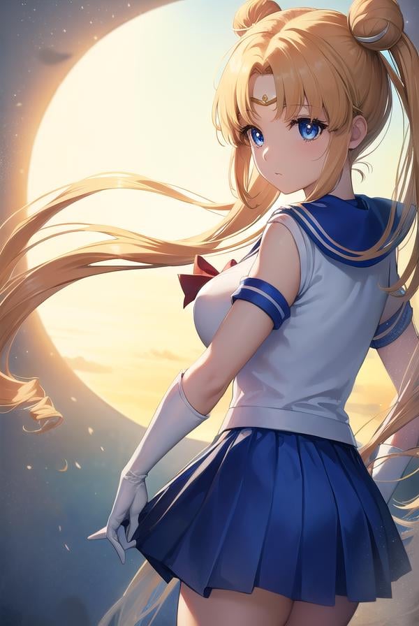 sailormoonusagi, <lora:sailormoonusagi-lora-nochekaiser:1>,sailor moon, blonde hair, blue eyes, double bun, hair bun, hair ornament, long hair, twintails, circlet, (parted bangs:1.5),BREAK back bow, blue sailor collar, blue skirt, boots, bow, brooch, choker, crescent moon, elbow gloves, gloves, jewelry, knee boots, magical girl, pleated skirt, red bow, red choker, ribbon, sailor collar, sailor senshi uniform, skirt, white gloves,BREAK outdoors, night, sky, star \(sky\), moon,BREAK looking at viewer, (cowboy shot:1.5),BREAK <lyco:GoodHands-beta2:1>, (masterpiece:1.2), best quality, high resolution, unity 8k wallpaper, (illustration:0.8), (beautiful detailed eyes:1.6), extremely detailed face, perfect lighting, extremely detailed CG, (perfect hands, perfect anatomy),