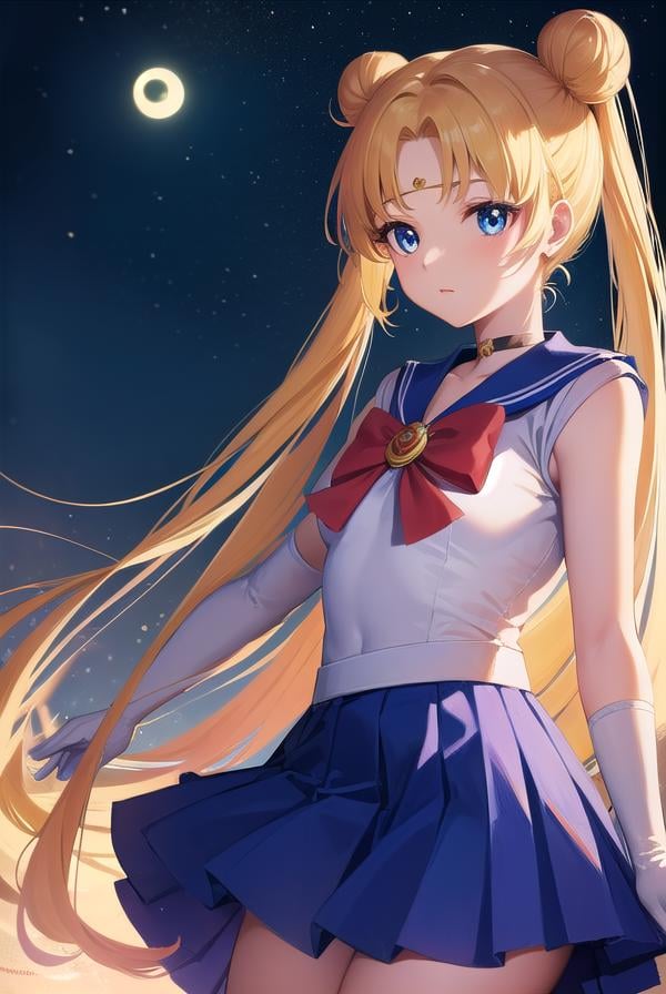 sailormoonusagi, <lora:sailormoonusagi-lora-nochekaiser:1>,sailor moon, blonde hair, blue eyes, double bun, hair bun, hair ornament, long hair, twintails, circlet, (parted bangs:1.5),BREAK back bow, blue sailor collar, blue skirt, boots, bow, brooch, choker, crescent moon, elbow gloves, gloves, jewelry, knee boots, magical girl, pleated skirt, red bow, red choker, ribbon, sailor collar, sailor senshi uniform, skirt, white gloves,BREAK outdoors, night, sky, star \(sky\), moon,BREAK looking at viewer, (cowboy shot:1.5),BREAK <lyco:GoodHands-beta2:1>, (masterpiece:1.2), best quality, high resolution, unity 8k wallpaper, (illustration:0.8), (beautiful detailed eyes:1.6), extremely detailed face, perfect lighting, extremely detailed CG, (perfect hands, perfect anatomy),