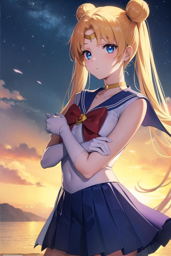 sailormoonusagi, <lora:sailormoonusagi-lora-nochekaiser:1>,sailor moon, blonde hair, blue eyes, double bun, hair bun, hair ornament, long hair, twintails, circlet, (parted bangs:1.5),BREAK back bow, blue sailor collar, blue skirt, boots, bow, brooch, choker, crescent moon, elbow gloves, gloves, jewelry, knee boots, magical girl, pleated skirt, red bow, red choker, ribbon, sailor collar, sailor senshi uniform, skirt, white gloves,BREAK outdoors, night, sky, star \(sky\), moon,BREAK looking at viewer, (cowboy shot:1.5),BREAK <lyco:GoodHands-beta2:1>, (masterpiece:1.2), best quality, high resolution, unity 8k wallpaper, (illustration:0.8), (beautiful detailed eyes:1.6), extremely detailed face, perfect lighting, extremely detailed CG, (perfect hands, perfect anatomy),