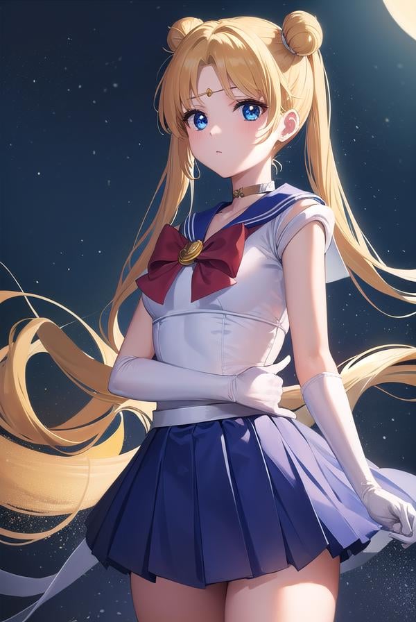 sailormoonusagi, <lora:sailormoonusagi-lora-nochekaiser:1>,sailor moon, blonde hair, blue eyes, double bun, hair bun, hair ornament, long hair, twintails, circlet, (parted bangs:1.5),BREAK back bow, blue sailor collar, blue skirt, boots, bow, brooch, choker, crescent moon, elbow gloves, gloves, jewelry, knee boots, magical girl, pleated skirt, red bow, red choker, ribbon, sailor collar, sailor senshi uniform, skirt, white gloves,BREAK outdoors, night, sky, star \(sky\), moon,BREAK looking at viewer, (cowboy shot:1.5),BREAK <lyco:GoodHands-beta2:1>, (masterpiece:1.2), best quality, high resolution, unity 8k wallpaper, (illustration:0.8), (beautiful detailed eyes:1.6), extremely detailed face, perfect lighting, extremely detailed CG, (perfect hands, perfect anatomy),