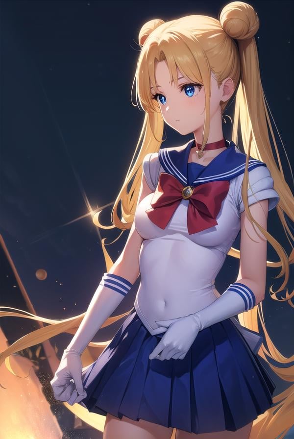 sailormoonusagi, <lora:sailormoonusagi-lora-nochekaiser:1>,sailor moon, blonde hair, blue eyes, double bun, hair bun, hair ornament, long hair, twintails, circlet, (parted bangs:1.5),BREAK back bow, blue sailor collar, blue skirt, boots, bow, brooch, choker, crescent moon, elbow gloves, gloves, jewelry, knee boots, magical girl, pleated skirt, red bow, red choker, ribbon, sailor collar, sailor senshi uniform, skirt, white gloves,BREAK outdoors, night, sky, star \(sky\), moon,BREAK looking at viewer, (cowboy shot:1.5),BREAK <lyco:GoodHands-beta2:1>, (masterpiece:1.2), best quality, high resolution, unity 8k wallpaper, (illustration:0.8), (beautiful detailed eyes:1.6), extremely detailed face, perfect lighting, extremely detailed CG, (perfect hands, perfect anatomy),