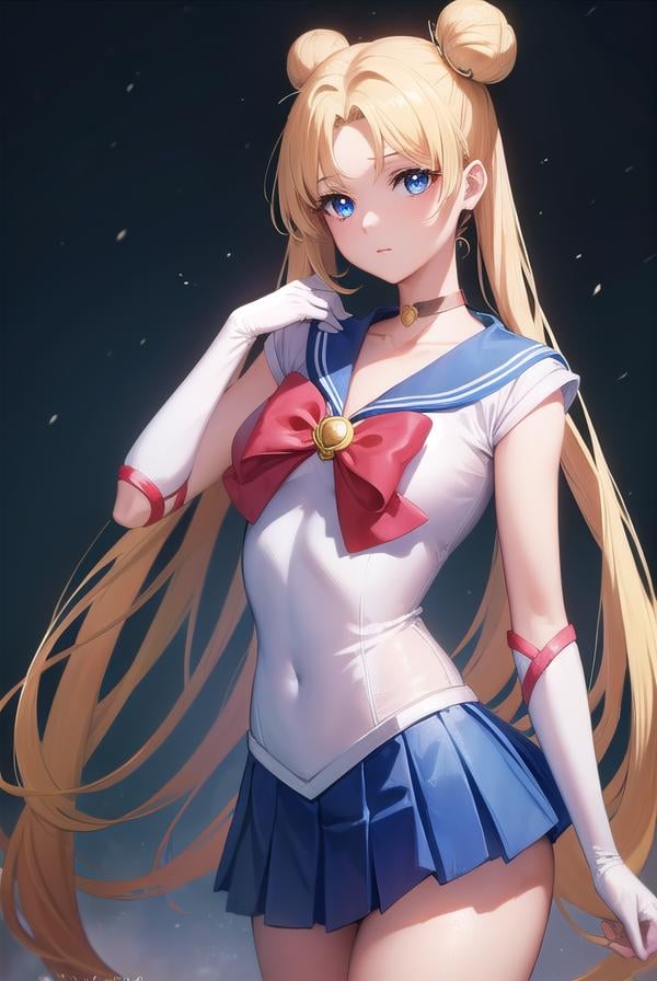 sailormoonusagi, <lora:sailormoonusagi-lora-nochekaiser:1>,sailor moon, blonde hair, blue eyes, double bun, hair bun, hair ornament, long hair, twintails, circlet, (parted bangs:1.5),BREAK back bow, blue sailor collar, blue skirt, boots, bow, brooch, choker, crescent moon, elbow gloves, gloves, jewelry, knee boots, magical girl, pleated skirt, red bow, red choker, ribbon, sailor collar, sailor senshi uniform, skirt, white gloves,BREAK outdoors, night, sky, star \(sky\), moon,BREAK looking at viewer, (cowboy shot:1.5),BREAK <lyco:GoodHands-beta2:1>, (masterpiece:1.2), best quality, high resolution, unity 8k wallpaper, (illustration:0.8), (beautiful detailed eyes:1.6), extremely detailed face, perfect lighting, extremely detailed CG, (perfect hands, perfect anatomy),