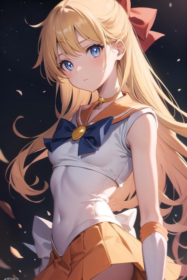 sailorvenus, <lora:sailorvenus-lora-nochekaiser:1>,sailor venus, blonde hair, blue eyes, bow, hair bow, half updo, long hair, red bow, tiara,BREAK back bow, choker, elbow gloves, gloves, jewelry, magical girl, orange choker, orange sailor collar, orange skirt, sailor collar, sailor senshi uniform, school uniform, serafuku, skirt, white gloves,BREAK outdoors, night, sky, star \(sky\), moon,BREAK looking at viewer, (cowboy shot:1.5),BREAK <lyco:GoodHands-beta2:1>, (masterpiece:1.2), best quality, high resolution, unity 8k wallpaper, (illustration:0.8), (beautiful detailed eyes:1.6), extremely detailed face, perfect lighting, extremely detailed CG, (perfect hands, perfect anatomy),