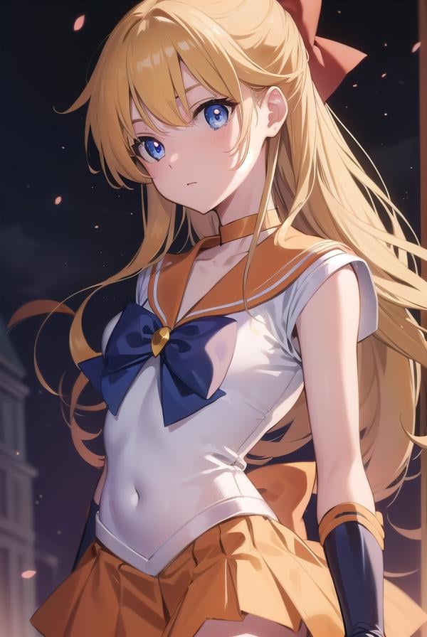 sailorvenus, <lora:sailorvenus-lora-nochekaiser:1>,sailor venus, blonde hair, blue eyes, bow, hair bow, half updo, long hair, red bow, tiara,BREAK back bow, choker, elbow gloves, gloves, jewelry, magical girl, orange choker, orange sailor collar, orange skirt, sailor collar, sailor senshi uniform, school uniform, serafuku, skirt, white gloves,BREAK outdoors, night, sky, star \(sky\), moon,BREAK looking at viewer, (cowboy shot:1.5),BREAK <lyco:GoodHands-beta2:1>, (masterpiece:1.2), best quality, high resolution, unity 8k wallpaper, (illustration:0.8), (beautiful detailed eyes:1.6), extremely detailed face, perfect lighting, extremely detailed CG, (perfect hands, perfect anatomy),