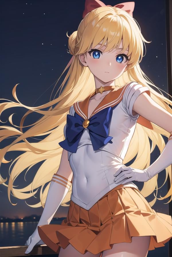 sailorvenus, <lora:sailorvenus-lora-nochekaiser:1>,sailor venus, blonde hair, blue eyes, bow, hair bow, half updo, long hair, red bow, tiara,BREAK back bow, choker, elbow gloves, gloves, jewelry, magical girl, orange choker, orange sailor collar, orange skirt, sailor collar, sailor senshi uniform, school uniform, serafuku, skirt, white gloves,BREAK outdoors, night, sky, star \(sky\), moon,BREAK looking at viewer, (cowboy shot:1.5),BREAK <lyco:GoodHands-beta2:1>, (masterpiece:1.2), best quality, high resolution, unity 8k wallpaper, (illustration:0.8), (beautiful detailed eyes:1.6), extremely detailed face, perfect lighting, extremely detailed CG, (perfect hands, perfect anatomy),