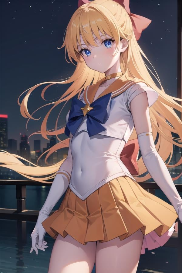 sailorvenus, <lora:sailorvenus-lora-nochekaiser:1>,sailor venus, blonde hair, blue eyes, bow, hair bow, half updo, long hair, red bow, tiara,BREAK back bow, choker, elbow gloves, gloves, jewelry, magical girl, orange choker, orange sailor collar, orange skirt, sailor collar, sailor senshi uniform, school uniform, serafuku, skirt, white gloves,BREAK outdoors, night, sky, star \(sky\), moon,BREAK looking at viewer, (cowboy shot:1.5),BREAK <lyco:GoodHands-beta2:1>, (masterpiece:1.2), best quality, high resolution, unity 8k wallpaper, (illustration:0.8), (beautiful detailed eyes:1.6), extremely detailed face, perfect lighting, extremely detailed CG, (perfect hands, perfect anatomy),