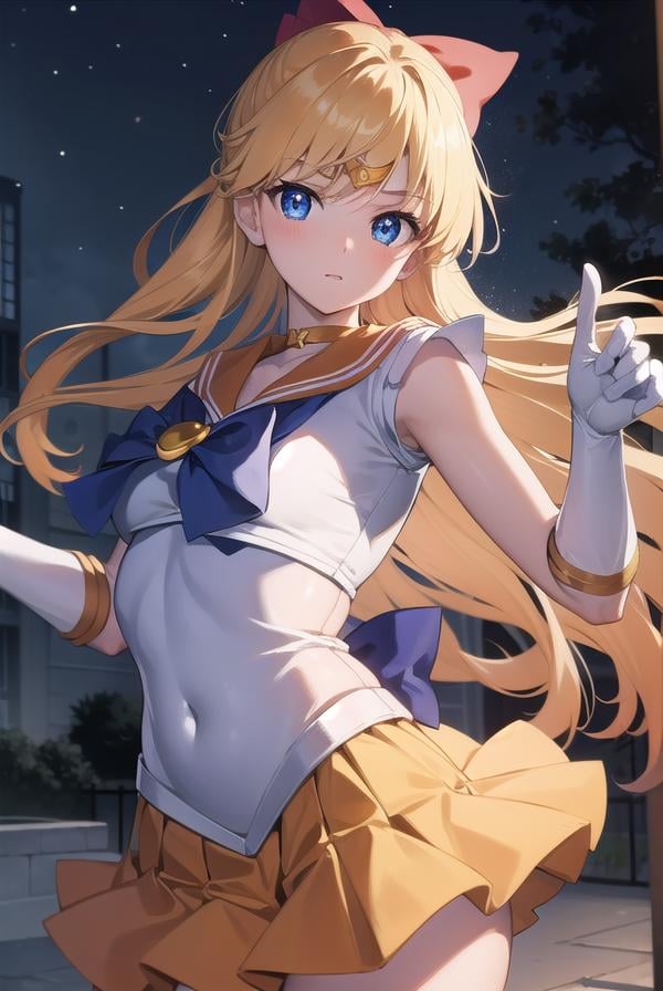 sailorvenus, <lora:sailorvenus-lora-nochekaiser:1>,sailor venus, blonde hair, blue eyes, bow, hair bow, half updo, long hair, red bow, tiara,BREAK back bow, choker, elbow gloves, gloves, jewelry, magical girl, orange choker, orange sailor collar, orange skirt, sailor collar, sailor senshi uniform, school uniform, serafuku, skirt, white gloves,BREAK outdoors, night, sky, star \(sky\), moon,BREAK looking at viewer, (cowboy shot:1.5),BREAK <lyco:GoodHands-beta2:1>, (masterpiece:1.2), best quality, high resolution, unity 8k wallpaper, (illustration:0.8), (beautiful detailed eyes:1.6), extremely detailed face, perfect lighting, extremely detailed CG, (perfect hands, perfect anatomy),