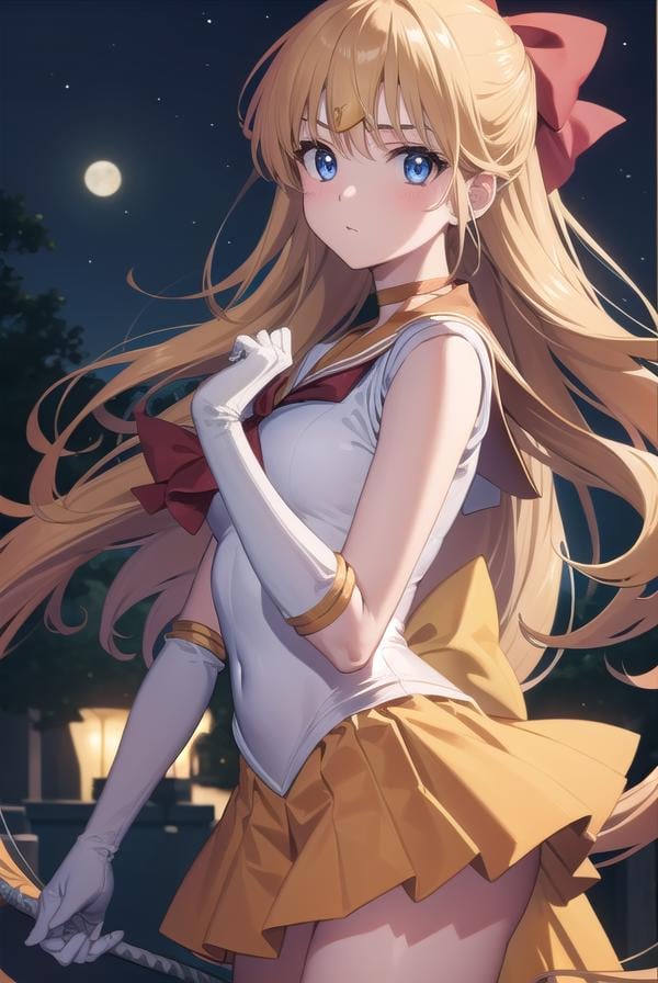 sailorvenus, <lora:sailorvenus-lora-nochekaiser:1>,sailor venus, blonde hair, blue eyes, bow, hair bow, half updo, long hair, red bow, tiara,BREAK back bow, choker, elbow gloves, gloves, jewelry, magical girl, orange choker, orange sailor collar, orange skirt, sailor collar, sailor senshi uniform, school uniform, serafuku, skirt, white gloves,BREAK outdoors, night, sky, star \(sky\), moon,BREAK looking at viewer, (cowboy shot:1.5),BREAK <lyco:GoodHands-beta2:1>, (masterpiece:1.2), best quality, high resolution, unity 8k wallpaper, (illustration:0.8), (beautiful detailed eyes:1.6), extremely detailed face, perfect lighting, extremely detailed CG, (perfect hands, perfect anatomy),