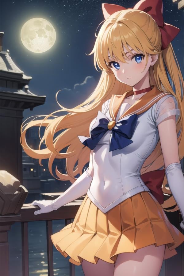 sailorvenus, <lora:sailorvenus-lora-nochekaiser:1>,sailor venus, blonde hair, blue eyes, bow, hair bow, half updo, long hair, red bow, tiara,BREAK back bow, choker, elbow gloves, gloves, jewelry, magical girl, orange choker, orange sailor collar, orange skirt, sailor collar, sailor senshi uniform, school uniform, serafuku, skirt, white gloves,BREAK outdoors, night, sky, star \(sky\), moon,BREAK looking at viewer, (cowboy shot:1.5),BREAK <lyco:GoodHands-beta2:1>, (masterpiece:1.2), best quality, high resolution, unity 8k wallpaper, (illustration:0.8), (beautiful detailed eyes:1.6), extremely detailed face, perfect lighting, extremely detailed CG, (perfect hands, perfect anatomy),