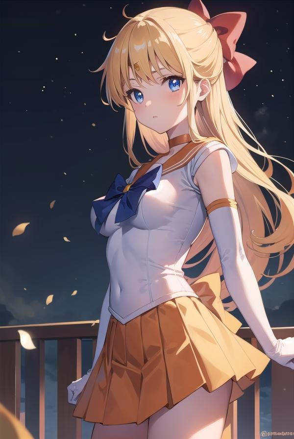 sailorvenus, <lora:sailorvenus-lora-nochekaiser:1>,sailor venus, blonde hair, blue eyes, bow, hair bow, half updo, long hair, red bow, tiara,BREAK back bow, choker, elbow gloves, gloves, jewelry, magical girl, orange choker, orange sailor collar, orange skirt, sailor collar, sailor senshi uniform, school uniform, serafuku, skirt, white gloves,BREAK outdoors, night, sky, star \(sky\), moon,BREAK looking at viewer, (cowboy shot:1.5),BREAK <lyco:GoodHands-beta2:1>, (masterpiece:1.2), best quality, high resolution, unity 8k wallpaper, (illustration:0.8), (beautiful detailed eyes:1.6), extremely detailed face, perfect lighting, extremely detailed CG, (perfect hands, perfect anatomy),