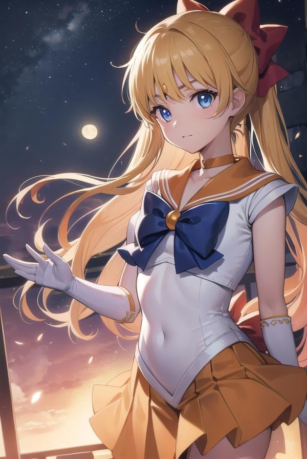 sailorvenus, <lora:sailorvenus-lora-nochekaiser:1>,sailor venus, blonde hair, blue eyes, bow, hair bow, half updo, long hair, red bow, tiara,BREAK back bow, choker, elbow gloves, gloves, jewelry, magical girl, orange choker, orange sailor collar, orange skirt, sailor collar, sailor senshi uniform, school uniform, serafuku, skirt, white gloves,BREAK outdoors, night, sky, star \(sky\), moon,BREAK looking at viewer, (cowboy shot:1.5),BREAK <lyco:GoodHands-beta2:1>, (masterpiece:1.2), best quality, high resolution, unity 8k wallpaper, (illustration:0.8), (beautiful detailed eyes:1.6), extremely detailed face, perfect lighting, extremely detailed CG, (perfect hands, perfect anatomy),