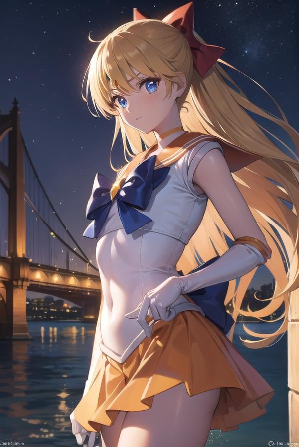 sailorvenus, <lora:sailorvenus-lora-nochekaiser:1>,sailor venus, blonde hair, blue eyes, bow, hair bow, half updo, long hair, red bow, tiara,BREAK back bow, choker, elbow gloves, gloves, jewelry, magical girl, orange choker, orange sailor collar, orange skirt, sailor collar, sailor senshi uniform, school uniform, serafuku, skirt, white gloves,BREAK outdoors, night, sky, star \(sky\), moon,BREAK looking at viewer, (cowboy shot:1.5),BREAK <lyco:GoodHands-beta2:1>, (masterpiece:1.2), best quality, high resolution, unity 8k wallpaper, (illustration:0.8), (beautiful detailed eyes:1.6), extremely detailed face, perfect lighting, extremely detailed CG, (perfect hands, perfect anatomy),