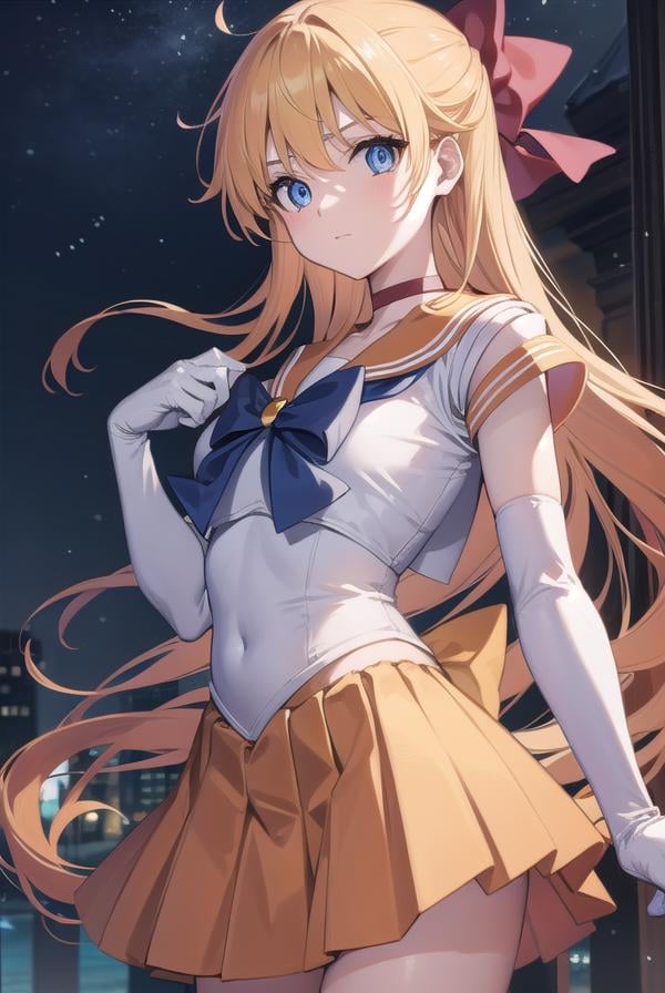 sailorvenus, <lora:sailorvenus-lora-nochekaiser:1>,sailor venus, blonde hair, blue eyes, bow, hair bow, half updo, long hair, red bow, tiara,BREAK back bow, choker, elbow gloves, gloves, jewelry, magical girl, orange choker, orange sailor collar, orange skirt, sailor collar, sailor senshi uniform, school uniform, serafuku, skirt, white gloves,BREAK outdoors, night, sky, star \(sky\), moon,BREAK looking at viewer, (cowboy shot:1.5),BREAK <lyco:GoodHands-beta2:1>, (masterpiece:1.2), best quality, high resolution, unity 8k wallpaper, (illustration:0.8), (beautiful detailed eyes:1.6), extremely detailed face, perfect lighting, extremely detailed CG, (perfect hands, perfect anatomy),