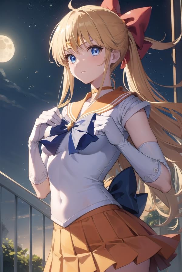 sailorvenus, <lora:sailorvenus-lora-nochekaiser:1>,sailor venus, blonde hair, blue eyes, bow, hair bow, half updo, long hair, red bow, tiara,BREAK back bow, choker, elbow gloves, gloves, jewelry, magical girl, orange choker, orange sailor collar, orange skirt, sailor collar, sailor senshi uniform, school uniform, serafuku, skirt, white gloves,BREAK outdoors, night, sky, star \(sky\), moon,BREAK looking at viewer, (cowboy shot:1.5),BREAK <lyco:GoodHands-beta2:1>, (masterpiece:1.2), best quality, high resolution, unity 8k wallpaper, (illustration:0.8), (beautiful detailed eyes:1.6), extremely detailed face, perfect lighting, extremely detailed CG, (perfect hands, perfect anatomy),