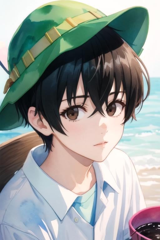 masterpiece, best quality, photorealistic, 1boy, solo, male focus, looking at viewer, , depth of field, (watercolor illustration, soft pastel colors:1.1), realistic, <lora:keitarou_gentouga:0.68>, keitarou_gentouga, black hair, brown eyes, , bucket hat, neverland: A lost island where children can stay forever young, 4k resolution