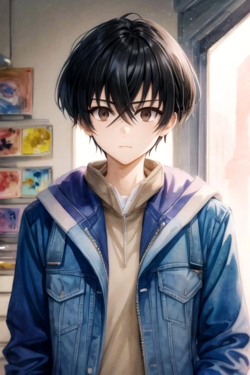 masterpiece, best quality, illustration, 1boy, solo, male focus, looking at viewer, upper body, , (watercolor illustration, soft pastel colors:1.1), , <lora:keitarou_gentouga:0.78>, keitarou_gentouga, black hair, brown eyes, , , science fiction horror, 12k resolution