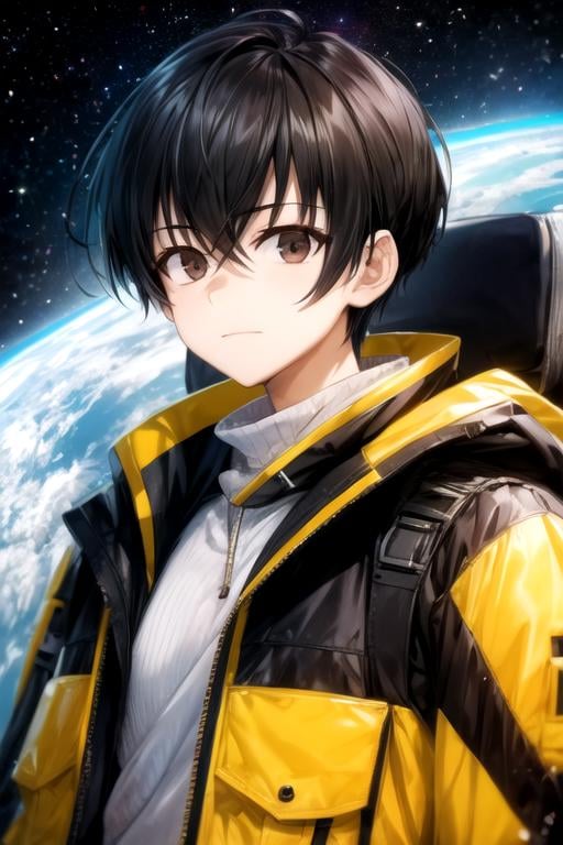 masterpiece, best quality, sketch, 1boy, solo, male focus, looking at viewer, upper body, depth of field, , , <lora:keitarou_gentouga:0.72>, keitarou_gentouga, black hair, brown eyes, funny costume, science fiction space opera, 8k resolution