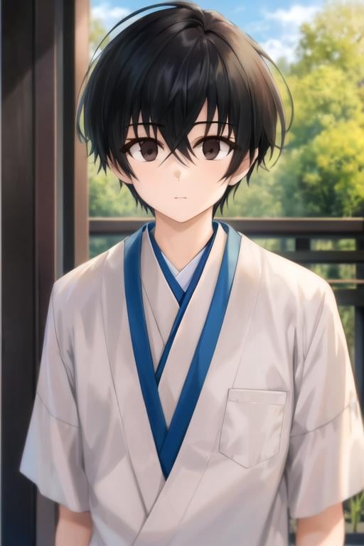 masterpiece, best quality, , 1boy, solo, male focus, looking at viewer, , depth of field, , realistic, <lora:keitarou_gentouga:0.82>, keitarou_gentouga, black hair, brown eyes, convict costume, feudal japan,