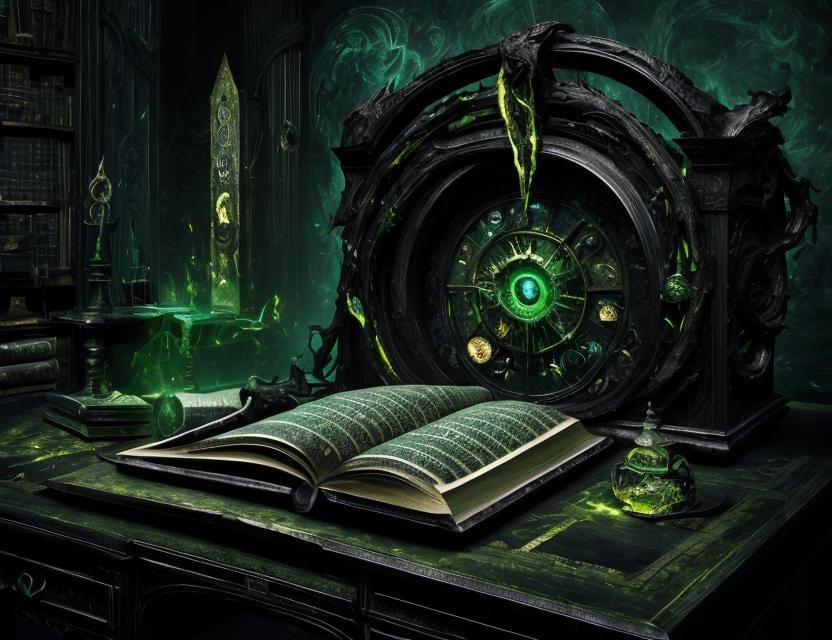 ((best quality)), ((masterpiece)), ((realistic,digital art)), (hyper detailed),DonMD34thM4g1c, magical grimoire with yellow worn pages and mystic runes, laying on an eerie ancient desk made of black wood, faded swirling magic <lora:DonMD34thM4g1c-000009:0.9>