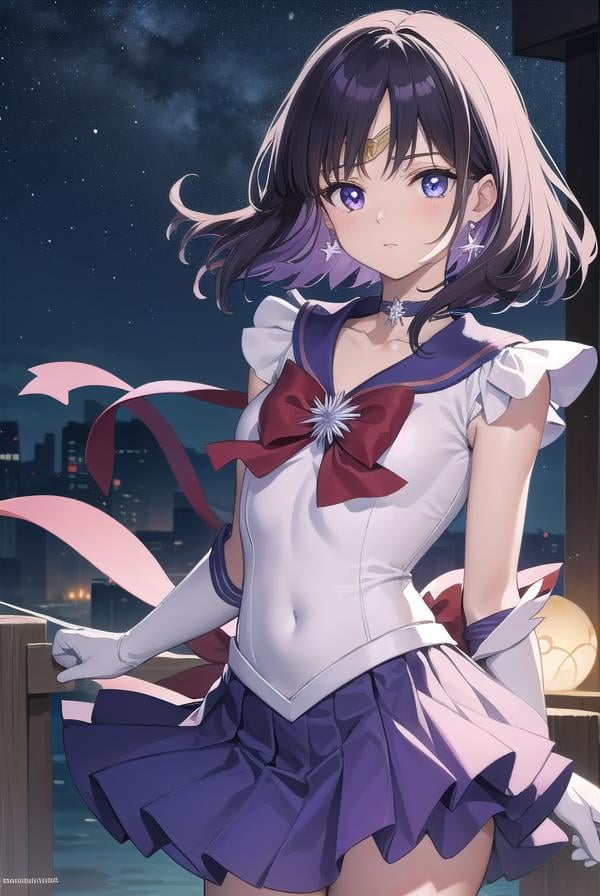 sailorsaturn, <lyco:sailorsaturn-lyco-nochekaiser:1>,sailor saturn, (purple eyes:1.1), short hair, purple hair, circlet,BREAK brooch, choker, earrings, gloves, jewelry, magical girl, miniskirt, purple sailor collar, sailor collar, sailor senshi uniform, skirt, star choker, white gloves,BREAK outdoors, night, sky, star \(sky\), moon,BREAK looking at viewer, (cowboy shot:1.5),BREAK <lyco:GoodHands-beta2:1>, (masterpiece:1.2), best quality, high resolution, unity 8k wallpaper, (illustration:0.8), (beautiful detailed eyes:1.6), extremely detailed face, perfect lighting, extremely detailed CG, (perfect hands, perfect anatomy),