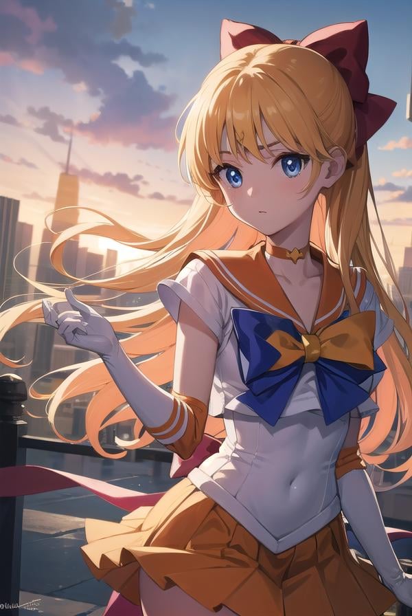 sailorvenus, <lyco:sailorvenus-lyco-nochekaiser:1>,sailor venus, blonde hair, blue eyes, bow, hair bow, half updo, long hair, red bow, tiara,BREAK back bow, choker, elbow gloves, gloves, jewelry, magical girl, orange choker, orange sailor collar, orange skirt, sailor collar, sailor senshi uniform, school uniform, serafuku, skirt, white gloves,BREAK outdoors, night, sky, star \(sky\), moon,BREAK looking at viewer, (cowboy shot:1.5),BREAK <lyco:GoodHands-beta2:1>, (masterpiece:1.2), best quality, high resolution, unity 8k wallpaper, (illustration:0.8), (beautiful detailed eyes:1.6), extremely detailed face, perfect lighting, extremely detailed CG, (perfect hands, perfect anatomy),